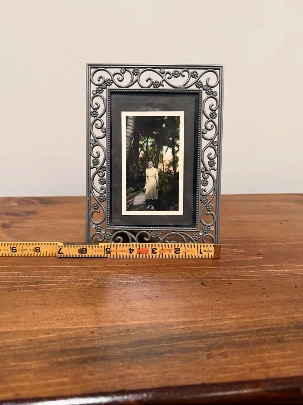 Jeweled Heirloom Faux silver Photo Frame For 4x6” Photo - Vintage Photo Included